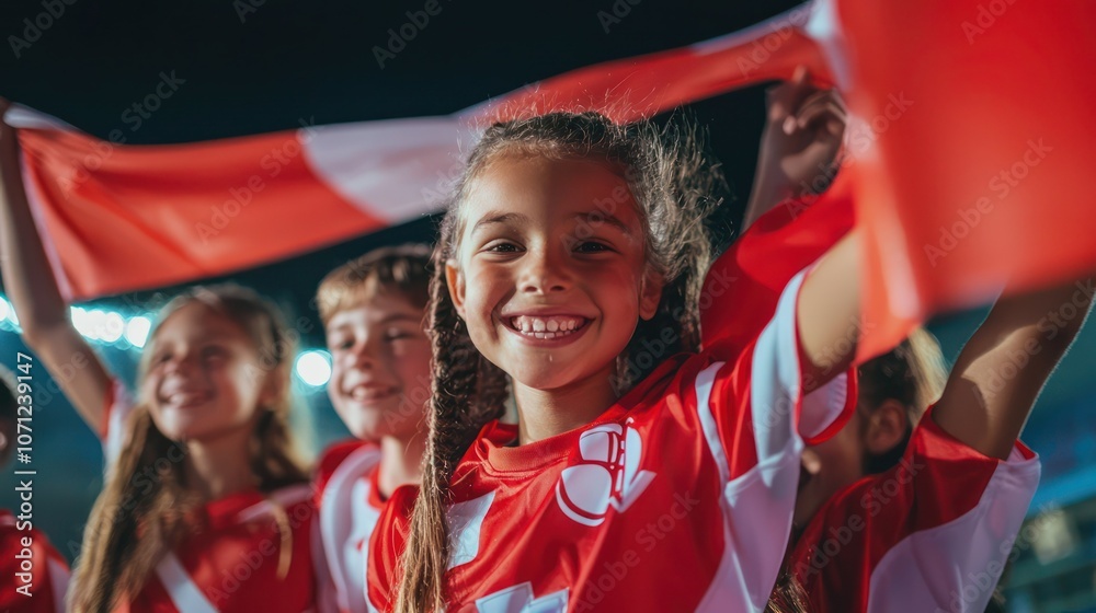A group of kids in sports uniforms holding a flag, all beaming with happiness A group of kids in sports uniforms holding a flag, all beaming with happiness