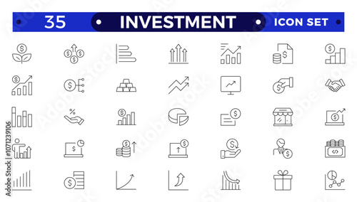 Investment outline icon set. Containing investor, mutual fund, asset, risk management, economy, financial gain, interest and stock icons. Stockbroker,  investor, private equity, angel investing.