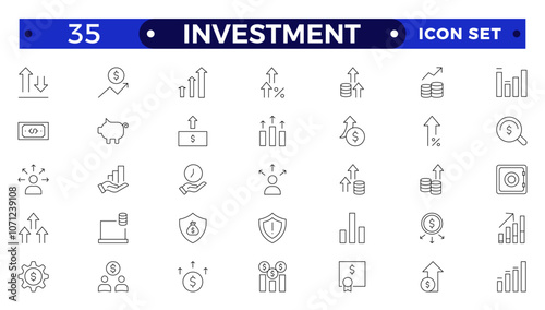 Investment outline icon set. Containing investor, mutual fund, asset, risk management, economy, financial gain, interest and stock icons. Stockbroker,  investor, private equity, angel investing.