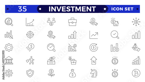 Investment outline icon set. Containing investor, mutual fund, asset, risk management, economy, financial gain, interest and stock icons. Stockbroker,  investor, private equity, angel investing.