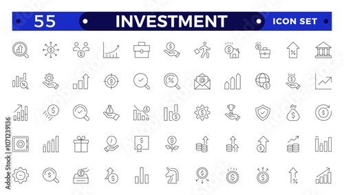 Investment outline icon set. Containing investor, mutual fund, asset, risk management, economy, financial gain, interest and stock icons. Stockbroker,  investor, private equity, angel investing.