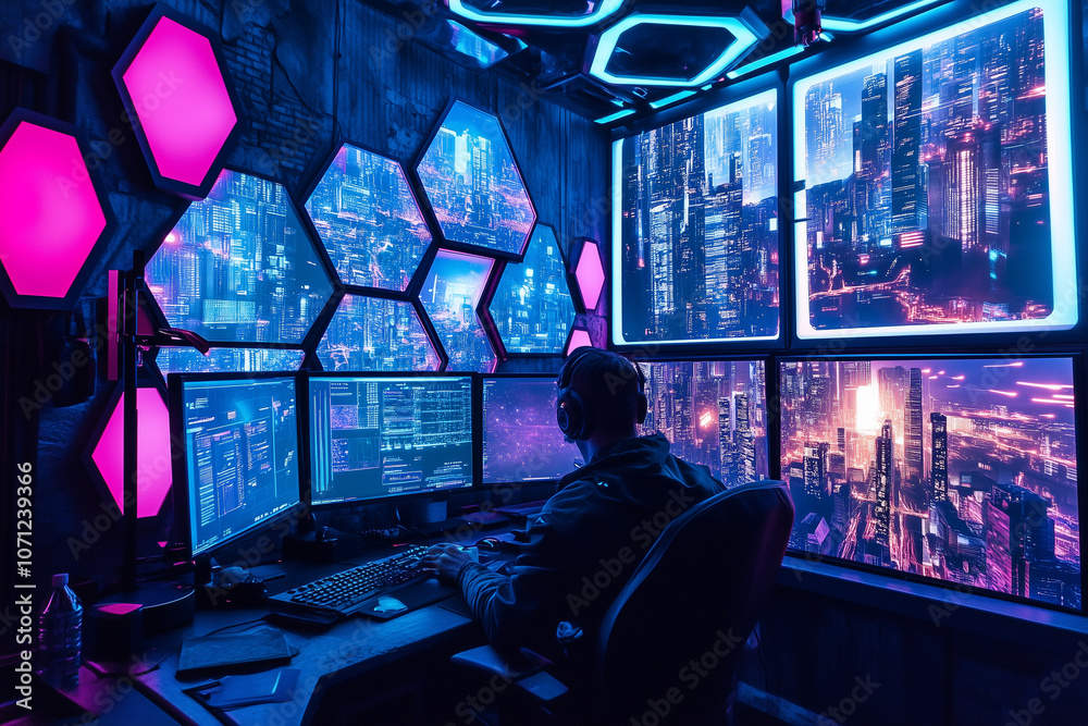 A vibrant gaming setup with hexagonal wall panels and multiple neon-lit monitors A vibrant gaming setup with hexagonal wall panels and multiple neon-lit monitors