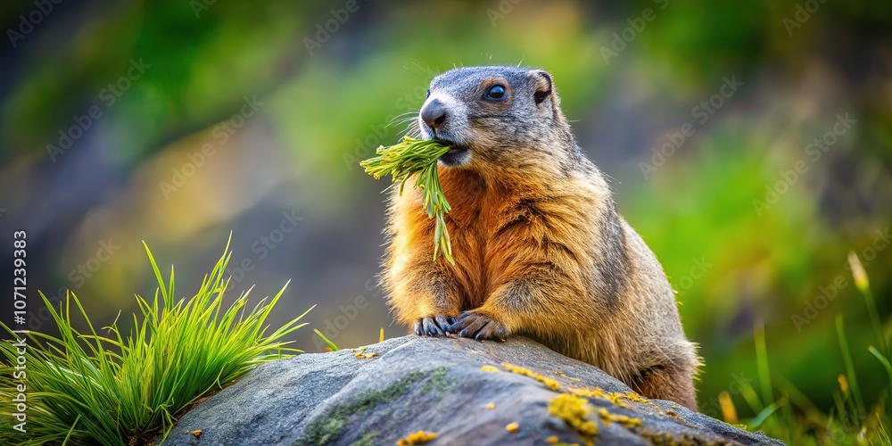 Marmot on Rock, Grass in Mouth, Blurred Background, Copy Space Marmot on Rock, Grass in Mouth, Blurred Background, Copy Space
