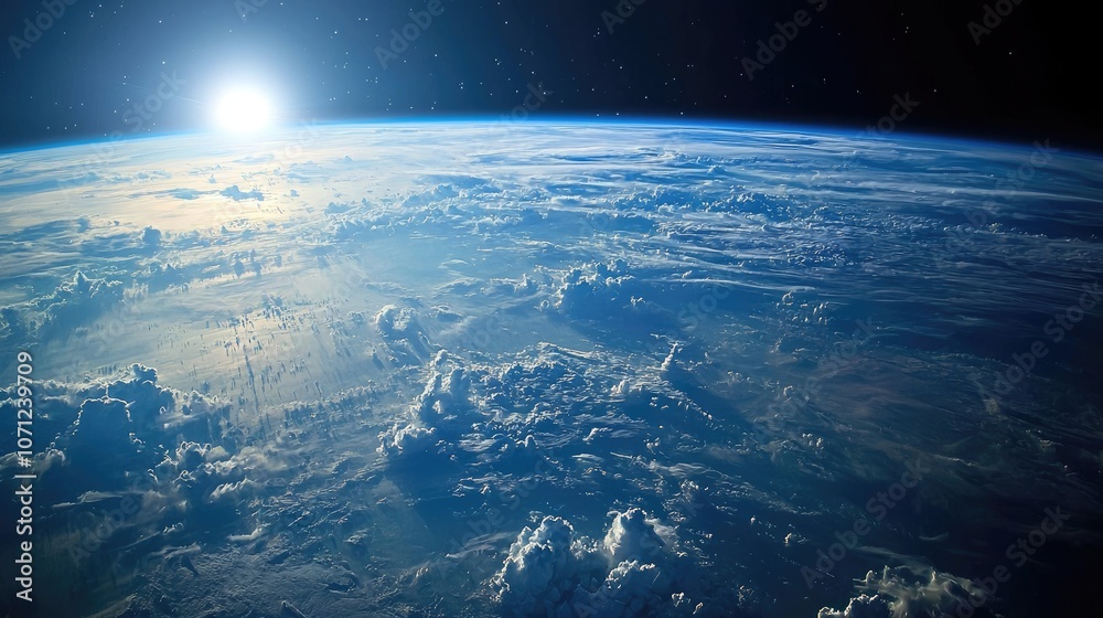 Fototapeta premium Sunrise over Earth from space, showing the blue planet, clouds, and the sun.