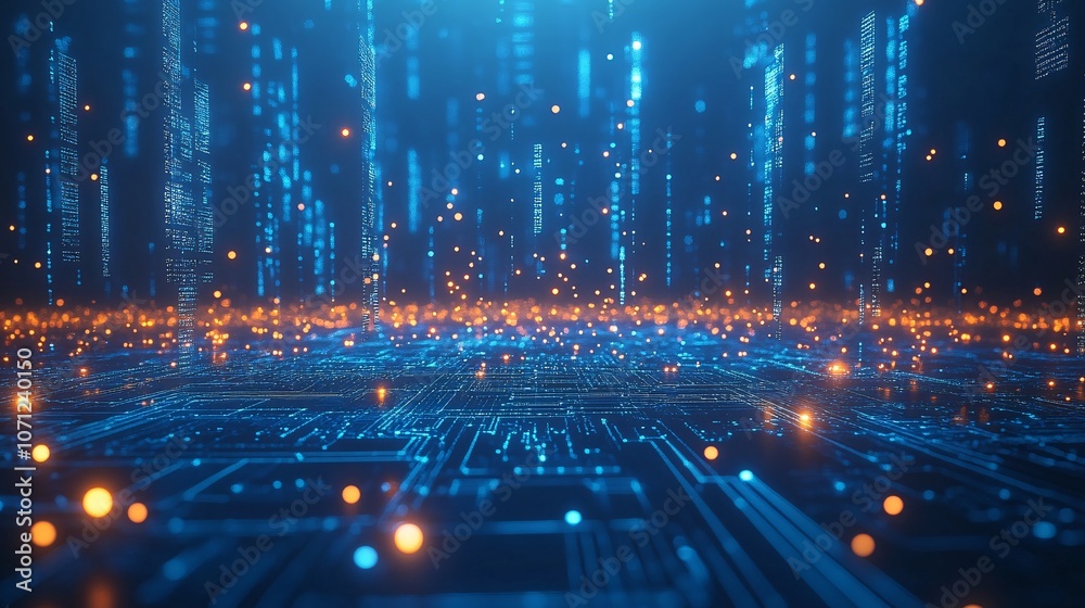 Obraz premium Digital background perfect for tech processes, neural networks, artificial intelligence, data transfer and encryption, digital archives, sound and graphic