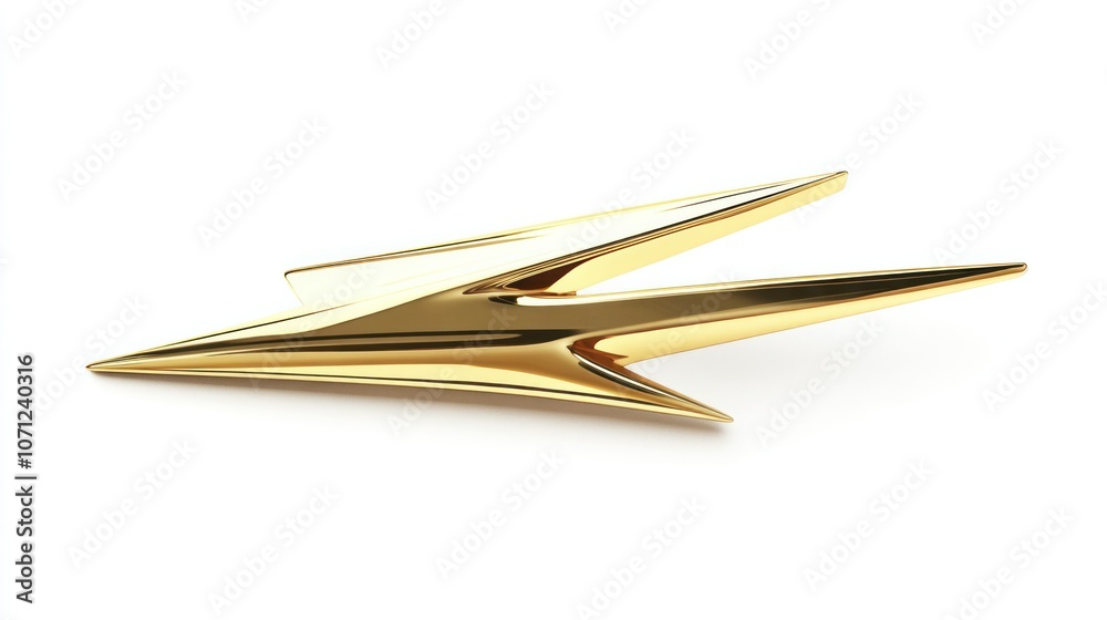 Reflective gold lightning bolt icon in a polished 3D render, top-down view, isolated on white. Reflective gold lightning bolt icon in a polished 3D render, top-down view, isolated on white.