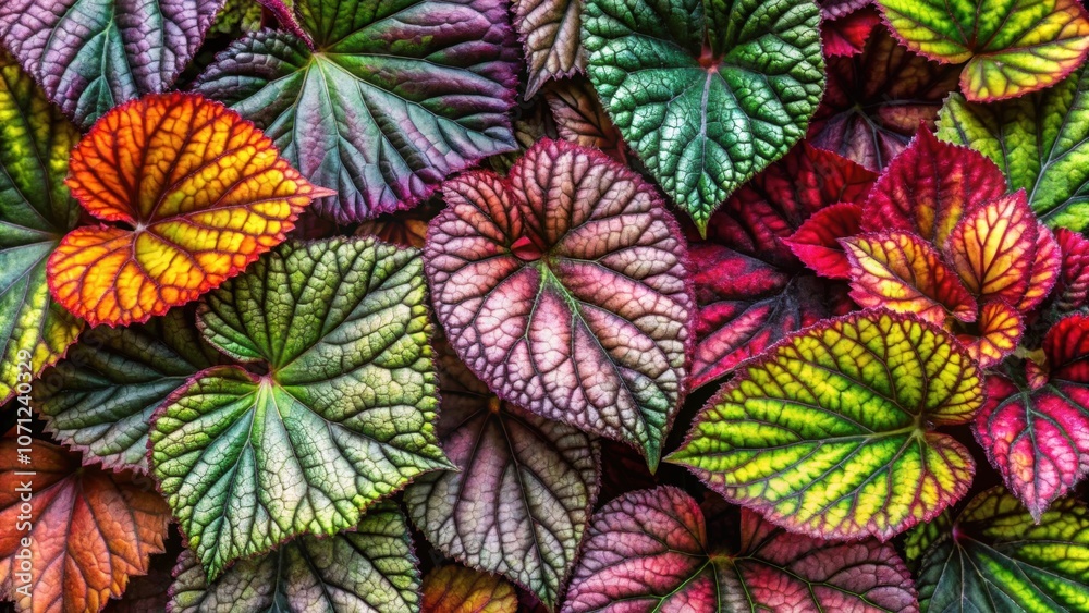 Naklejka premium Colorful begonia rex leaves in a top view pattern, begonia, rex, leaves, colorful, vibrant, pattern, top view, tropical
