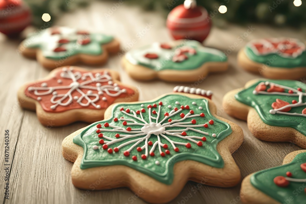 Colorful Christmas cookies with icing in festive shapes, resting on a wooden surface, adorned with holiday decorations. Colorful Christmas cookies with icing in festive shapes, resting on a wooden surface, adorned with holiday decorations.