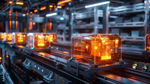 high-tech futuristic warehouse transparent boxes digital wireframes conveyor belt