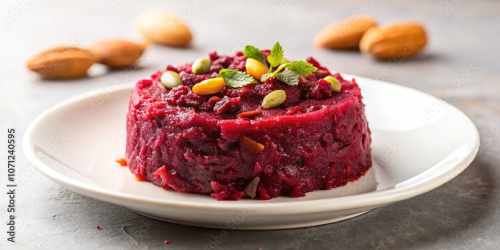 Delicious and vibrant beetroot dates halwa on a white plate , dessert, Indian cuisine, vegetarian, healthy Delicious and vibrant beetroot dates halwa on a white plate , dessert, Indian cuisine, vegetarian, healthy