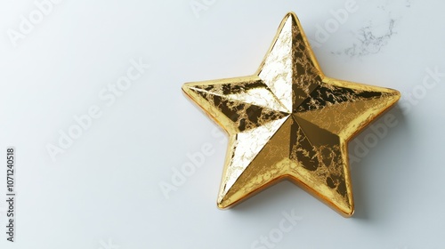 Reflective gold star icon in a polished 3D render, top-down view, isolated on white.