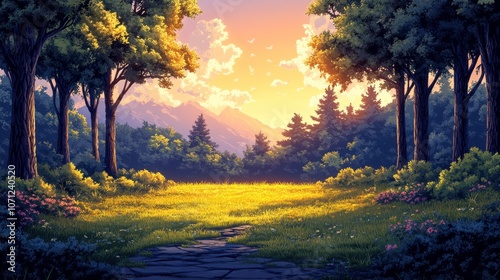 Tranquil Woodland Scene with Vibrant Colors at Sunset