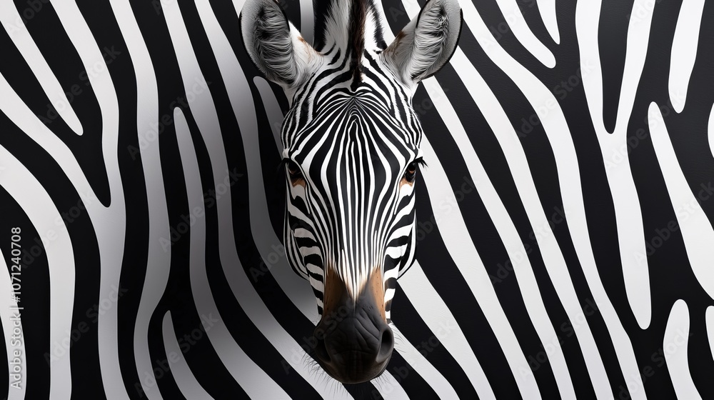 Naklejka premium Wild zebra pattern in black and white, featuring sharp, chaotic stripes and organic forms, creating a visually striking contrast