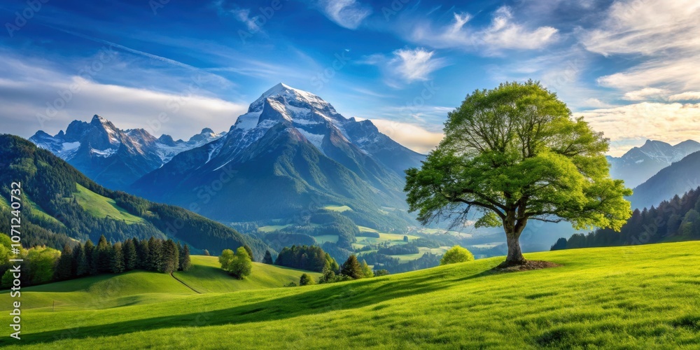 Obraz premium Idyllic landscape in the Alps with a single tree, lush green grass, and majestic mountains in Switzerland, Idyllic, landscape