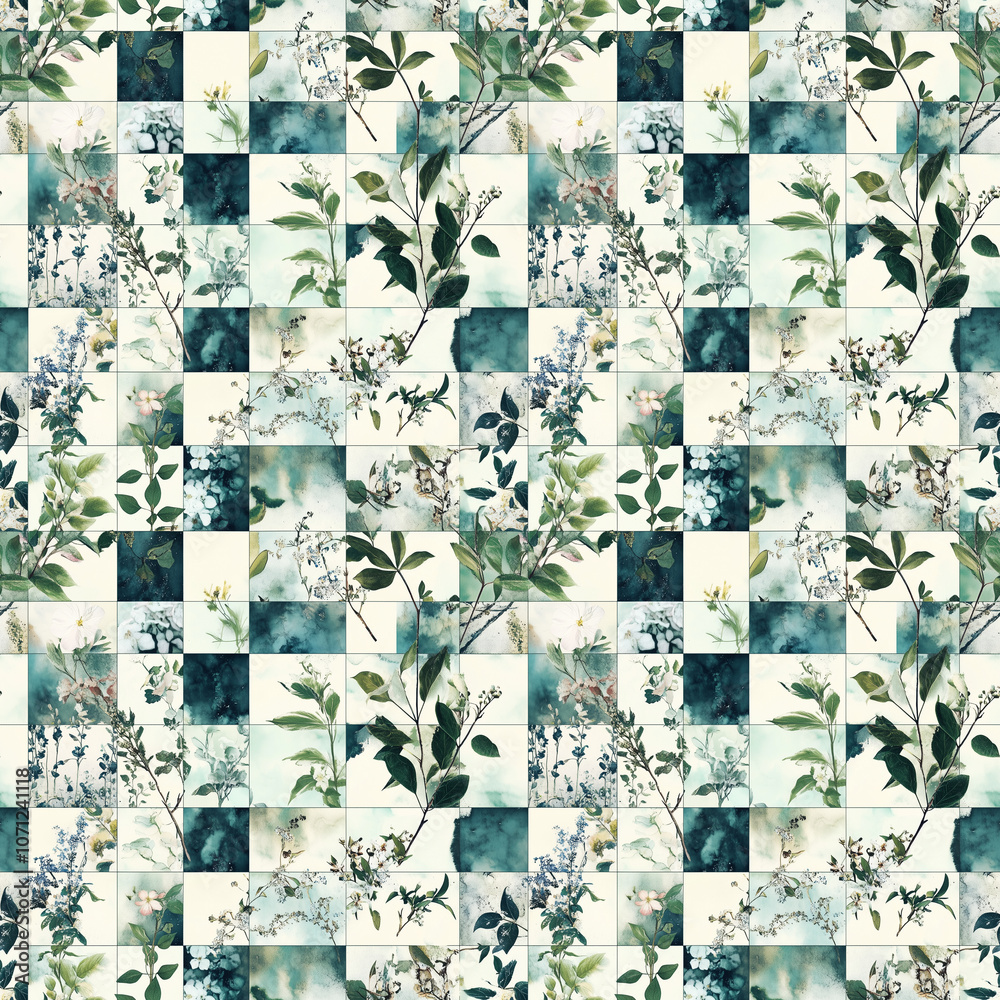 Naklejka premium Botanical patchwork design with floral and leaf patterns for interior decor - seamless pattern