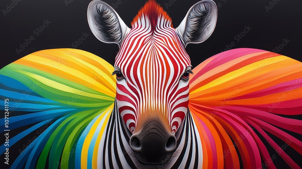 Naklejka premium Vibrant rainbow zebra lines standing out sharply against black, forming a modern and energetic design statement. Bold color contrast, Vivid zebra art