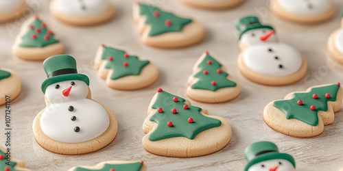 Festively decorated cookies shaped like snowmen and Christmas trees, perfect for holiday celebrations and sweet treats.