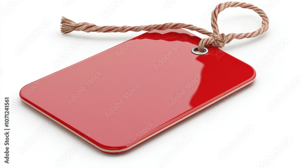 Fototapeta premium Glossy red tag with clean edges and a secure string tie, perfect for gifting, isolated on white