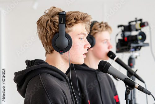 a teenage boy in a studio, deeply engaged in a podcast recording with classmates photo