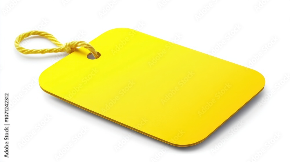 Fototapeta premium Matte yellow tag with rounded edges and strong tie, perfect for retail, isolated on white