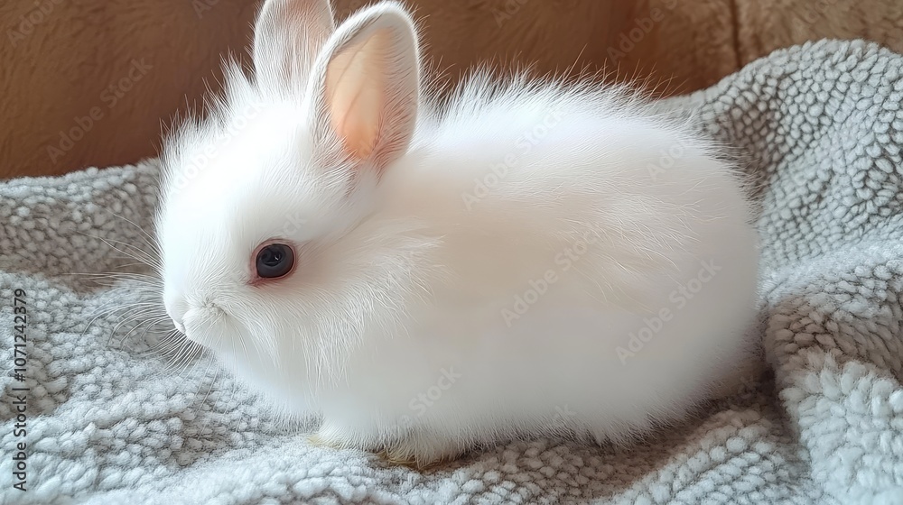 Adorable Fluffy White Rabbit on Soft Blanket Adorable Fluffy White Rabbit on Soft Blanket
