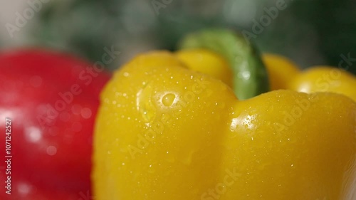 Close up of fresh yellow and red bell peppers on blue textured background. Macro of bell pepper with water wave reflection. Natural light studio video. Healthy eating and nutrition concept. Pabulum. photo