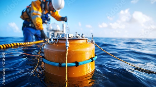 A field station at an oil spill, a chemical engineer collecting data on bioremediation techniques using high-tech sensors, oil slick visible in the ocean photo