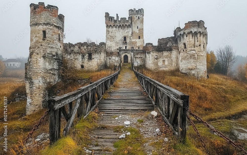 Obraz premium Eerie silence, abandoned, ancient castle standing in desolate gloom, its crumbling walls, dark corridors filled with haunting echoes of forgotten stories, mysterious shadows.
