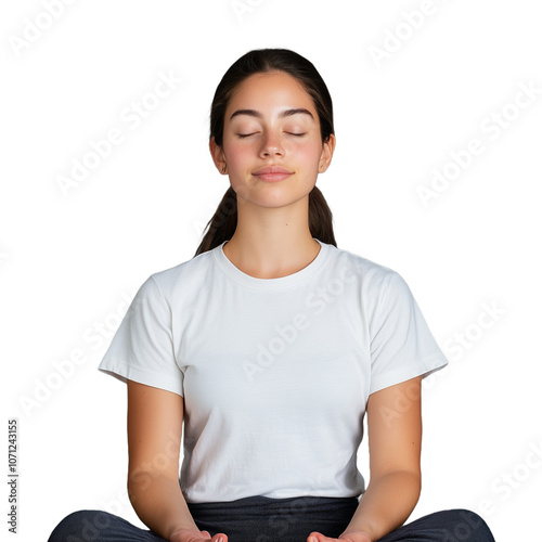 Wallpaper Mural Young woman meditating peacefully with closed eyes in a relaxed posture on a transparent background for mindfulness and tranquility concepts Torontodigital.ca