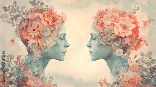 Retro-style heads with gears representing the mind, surrounded by a floral vintage border, expressing the mechanics of love, Watercolor, Vintage Illustration, Soft colors