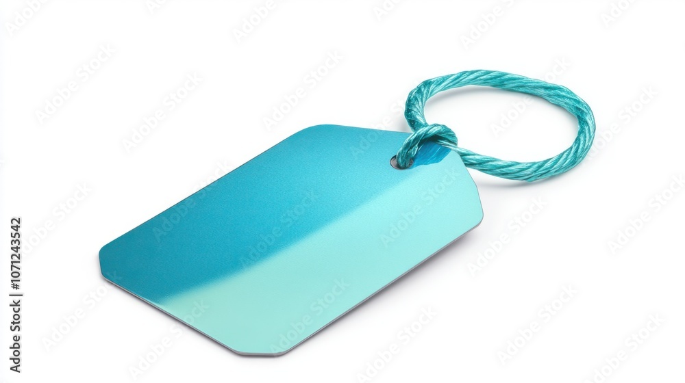 Fototapeta premium Teal tag with a smooth, shiny surface and secure tie, isolated on white background, ideal for labels