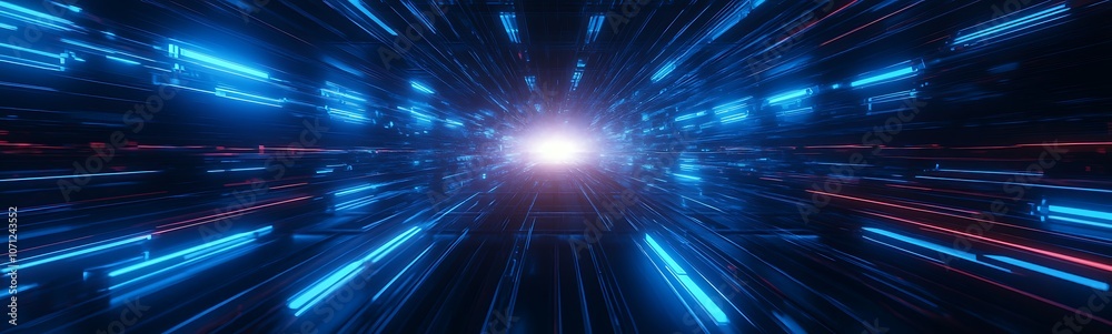 Fototapeta premium A vibrant, abstract depiction of light streaks rushing towards a central point, evoking a sense of speed and cosmic exploration.