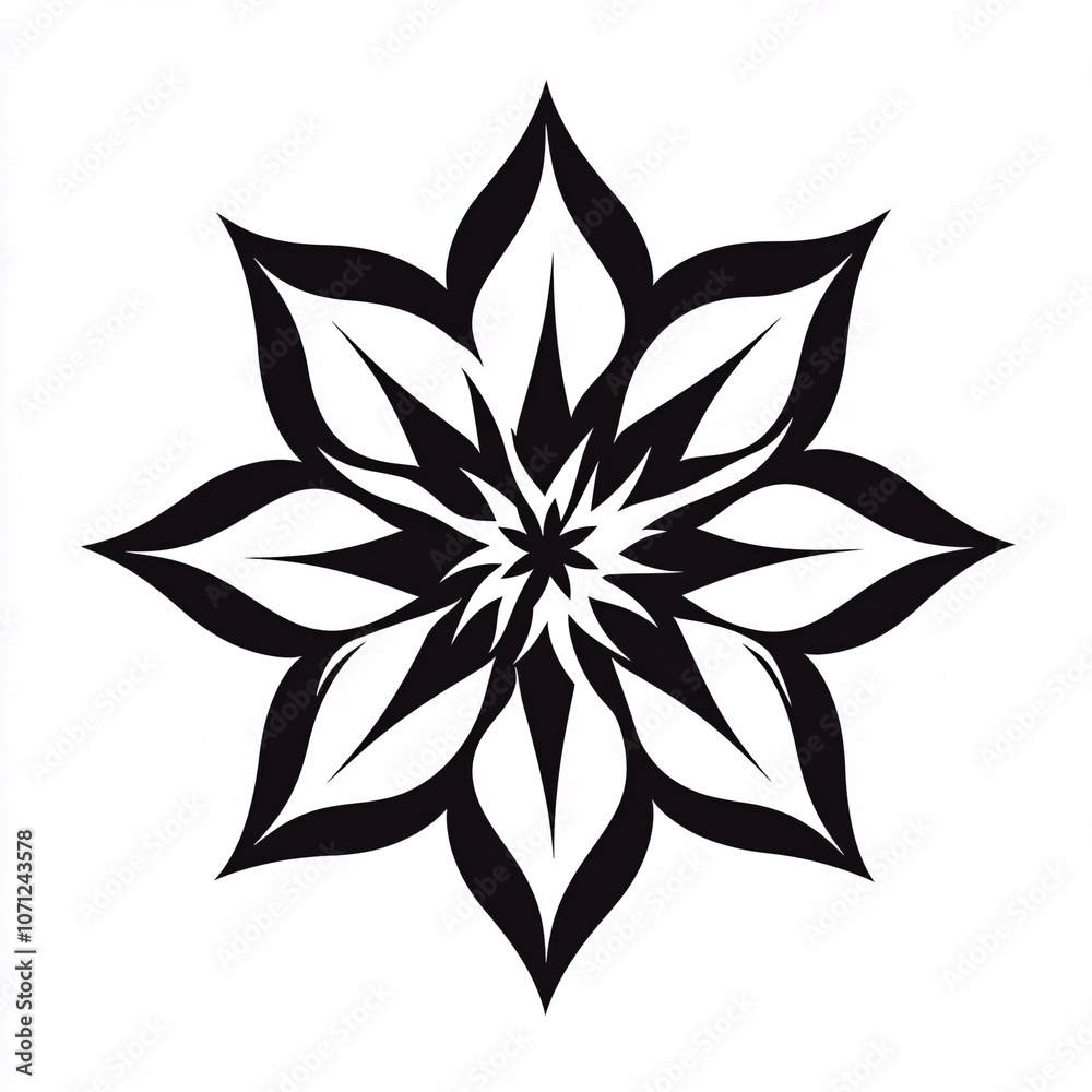 A stylized black flower design with sharp, pointed petals radiating from the center, representing elegance and symmetry. A stylized black flower design with sharp, pointed petals radiating from the center, representing elegance and symmetry.