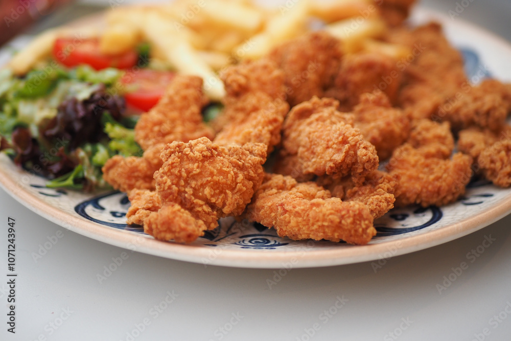 Indulge in Delicious Crispy Fried Chicken served alongside French Fries and a Fresh Salad Indulge in Delicious Crispy Fried Chicken served alongside French Fries and a Fresh Salad