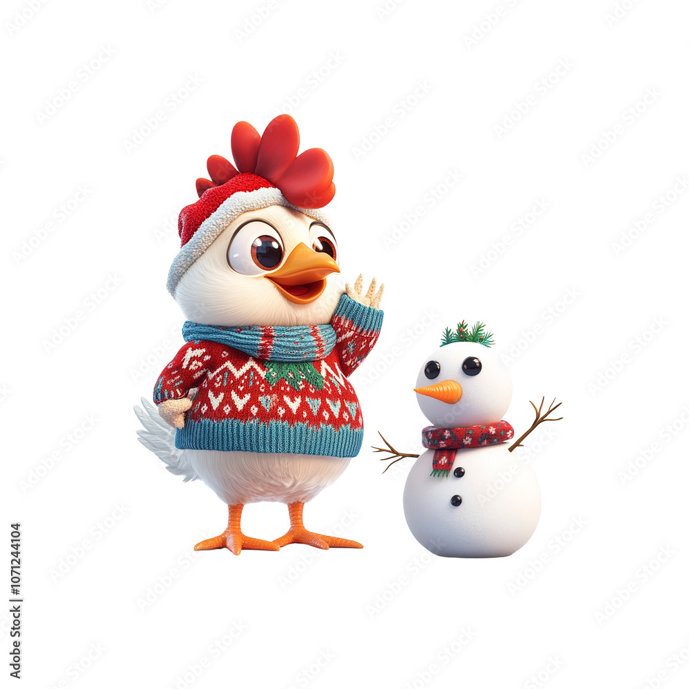 Cute Christmas Chicken and Snowman Illustration Cute Christmas Chicken and Snowman Illustration