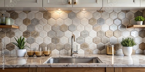 Newly installed kitchen backsplash featuring hexagon marble and ceramic tiles, kitchen, backsplash, hexagon