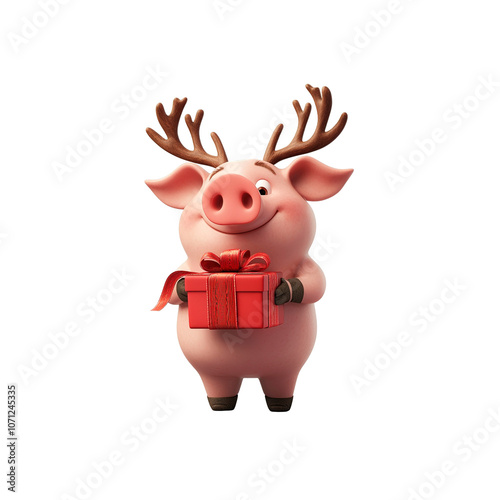 Cute Pig with Reindeer Antlers Holding a Gift