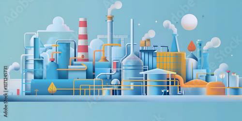  Modern Industrial Factory Illustration, Futuristic Factory with Pipes and Machinery