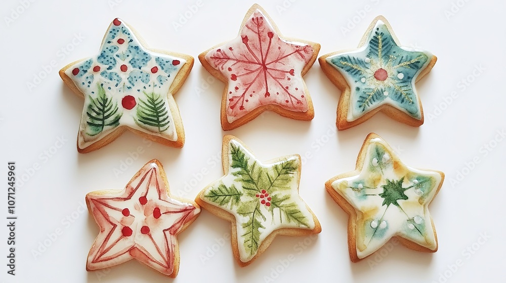 Cute watercolor illustration of star and tree-shaped cookies decorated with icing, perfect for the Christmas season. These festive cookies feature soft pastel colors, Cute watercolor illustration of star and tree-shaped cookies decorated with icing, perfect for the Christmas season. These festive cookies feature soft pastel colors,