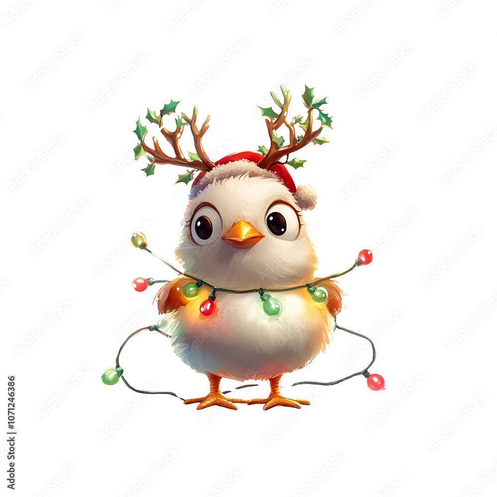 Obraz premium Cute Christmas Chick with Reindeer Antlers and Lights
