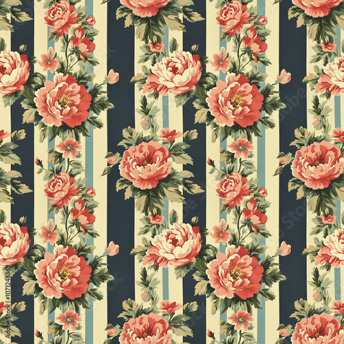 Fototapeta Naklejka Na Ścianę i Meble -  Vintage floral pattern with peonies on striped background for textile and wallpaper design - seamless pattern