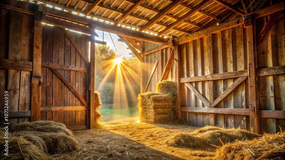 Golden Rays Illuminating the Interior of a Rustic Barn, Where Sunbeams Dance Upon Hay and Wooden Beams Golden Rays Illuminating the Interior of a Rustic Barn, Where Sunbeams Dance Upon Hay and Wooden Beams