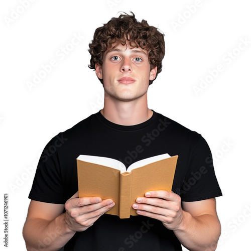 Young man reading a book with a focused expression on transparent background, capturing a thoughtful and intellectual mood