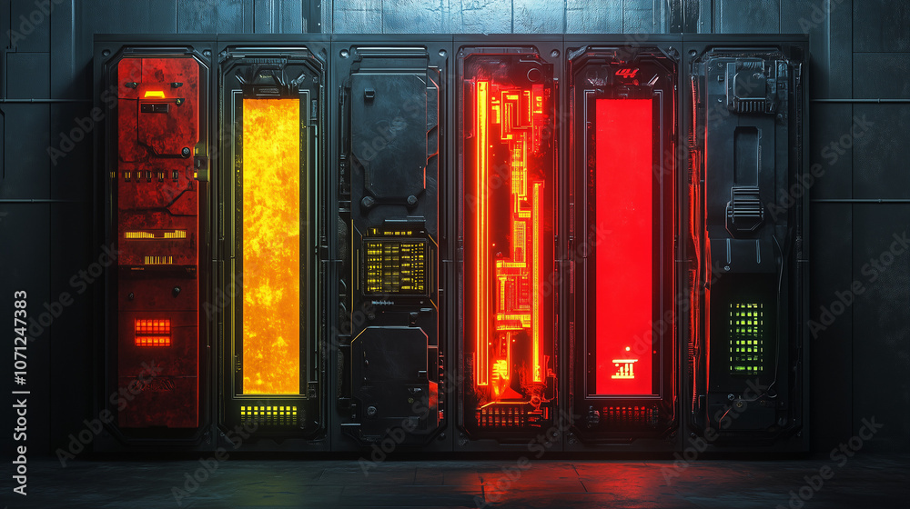 A futuristic, sci-fi server room featuring vibrant, glowing red and yellow panels in a cyberpunk style A futuristic, sci-fi server room featuring vibrant, glowing red and yellow panels in a cyberpunk style