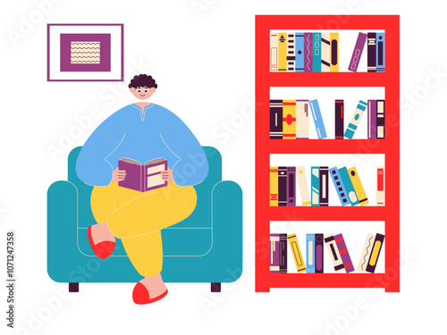 Boy reading book in home library. Library illustrations. Flat vector illustration.