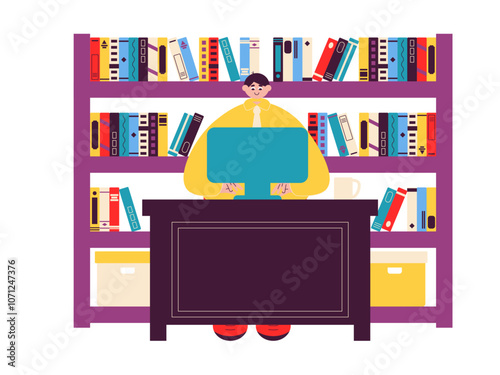 Librarian in library. Library illustrations. Flat vector illustration.