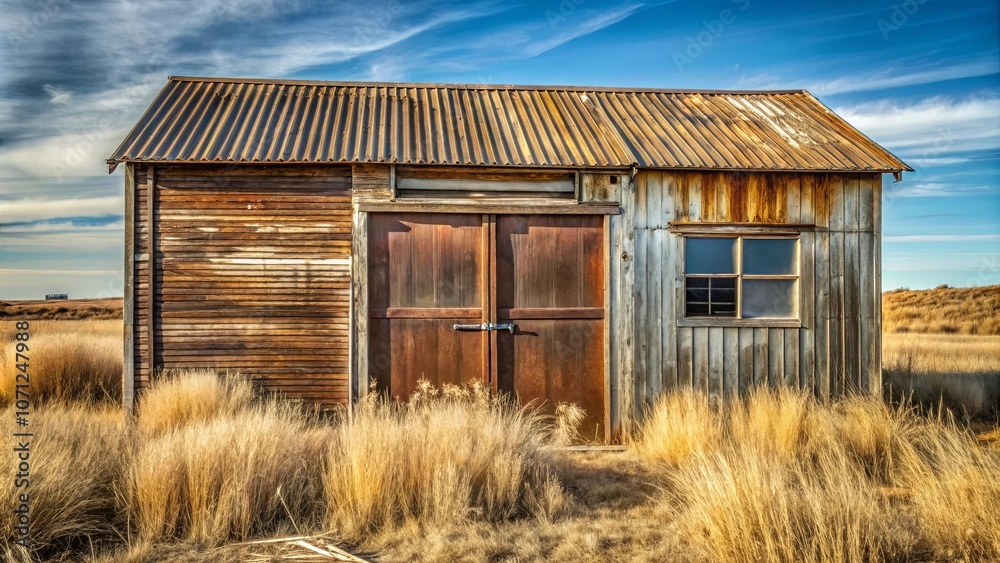 A rustic weathered wooden shack with a corrugated metal roof, standing solitary in a field of tall dry grass, bathed in the golden light of a clear day. A rustic weathered wooden shack with a corrugated metal roof, standing solitary in a field of tall dry grass, bathed in the golden light of a clear day.