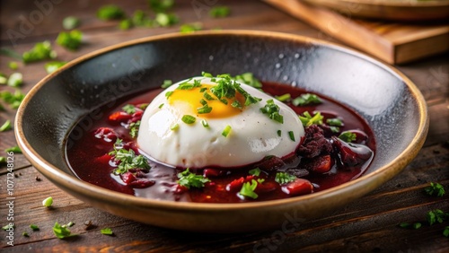 Delicious organic poached egg in red wine sauce , organic, oeuf en meurette, French cuisine, gourmet, food photography