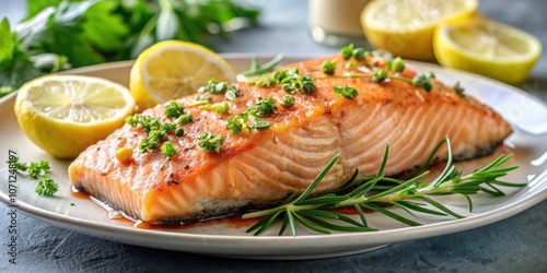 Close-up of delicious and healthy baked and roasted salmon fillet on a plate , high protein, seafood, nutritious, gourmet