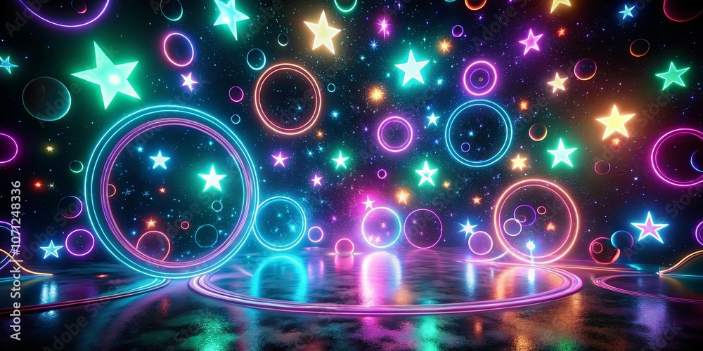 A cosmic dance floor adorned with swirling neon rings and luminous stars, casting a vibrant glow upon a reflective surface A cosmic dance floor adorned with swirling neon rings and luminous stars, casting a vibrant glow upon a reflective surface